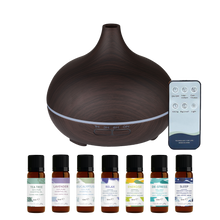 Load image into Gallery viewer, WellbeingMe - Electric Essential Oil Diffuser in Dark wood effect bundle with seven natural pure essential oils and essential oil blends