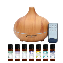 Load image into Gallery viewer, WellbeingMe - Electric Essential Oil Diffuser in light wood effect bundle with seven natural pure essential oils and essential oil blends