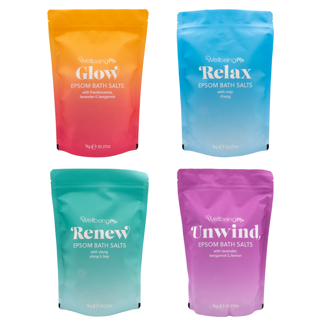 WellbeingMe Epsom Bath Salts Bundle (4 x 1kg) | Glow, Relax, Renew & Unwind