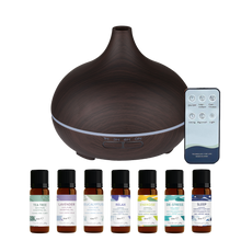 Load image into Gallery viewer, WellbeingMe - Electric Essential Oil Diffuser in Dark wood effect bundle with seven natural pure essential oils and essential oil blends
