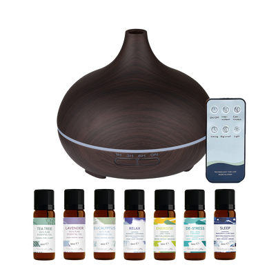 WellbeingMe - Electric Essential Oil Diffuser in Dark wood effect bundle with seven natural pure essential oils and essential oil blends