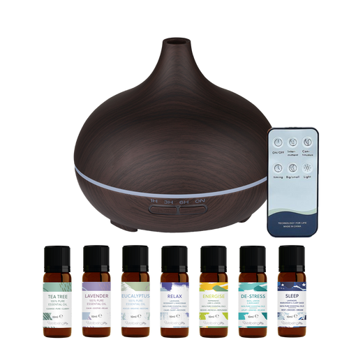 WellbeingMe - Electric Essential Oil Diffuser in Dark wood effect bundle with seven natural pure essential oils and essential oil blends