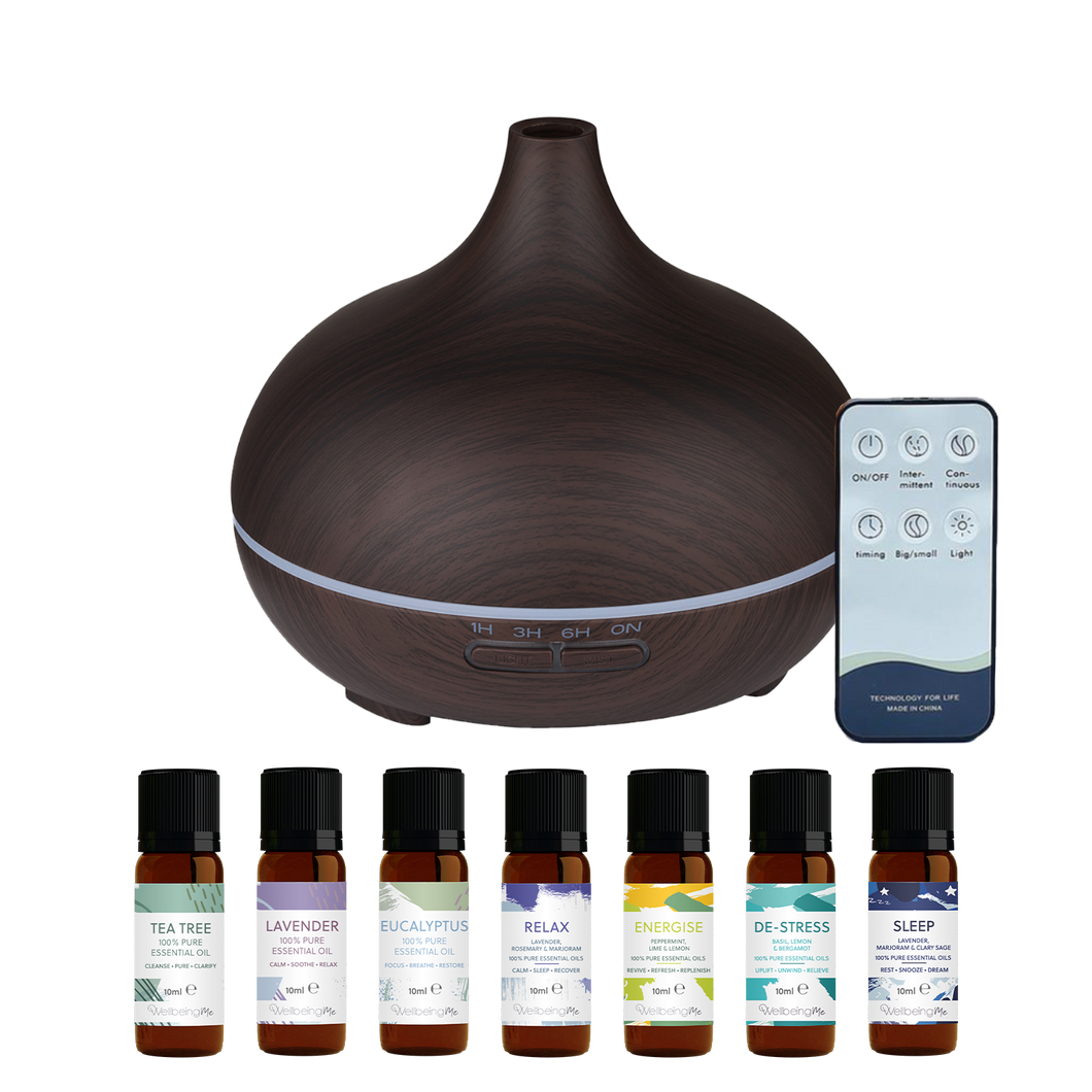 WellbeingMe - Electric Essential Oil Diffuser in Dark wood effect bundle with seven natural pure essential oils and essential oil blends