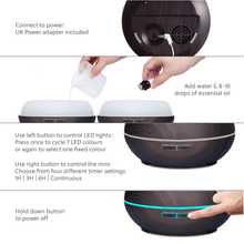Load image into Gallery viewer, WellbeingMe - Electric Essential Oil Diffuser in Dark wood effect Instructions
