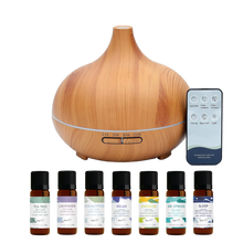 Load image into Gallery viewer, WellbeingMe - Electric Essential Oil Diffuser in light wood effect bundle with seven natural pure essential oils and essential oil blends
