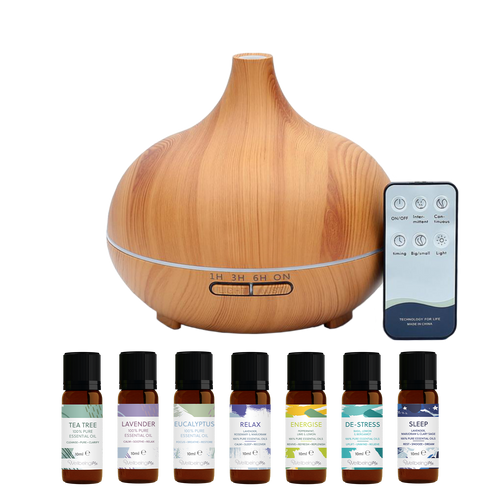 WellbeingMe - Electric Essential Oil Diffuser in light wood effect bundle with seven natural pure essential oils and essential oil blends